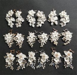 bridal chandelier earrings UK - White Ceramic Flower Hoop Earrings For Women Wedding Bridal Jewelry Set Fashion Korean Beads Circle Dangle Chandelier Earring Prom Accessories Ornament