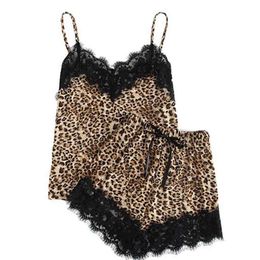 Sexy Sleepwear Set Sling Sleepwear Lingerie Lace Leopard Print Underwear Shorts Pyjama Set bayan gecelikler plus size lingere Q0706