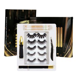 Natural Thick 5 Pairs Magnetic False Eyelashes Set Soft & Vivid Handmade Fake Lashes With Magnet Liquid Eyeliner + Tweezer Cleaning Swab DHL