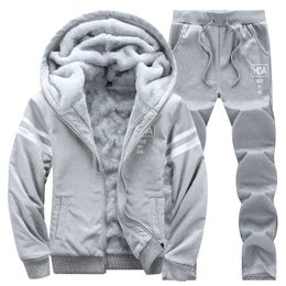 Casual Sportswear Hoodies Suit Inner Fu Tracksuits Winter Men Warm Fleece Lined Sweatshirts 2 Piece Set