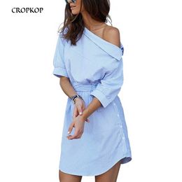 Women Blue Striped Dress Off Shoulder Half Sleeve Waistband Summer Sexy Party Mini Dresses Plus Size Vestido Beach Dress 210316