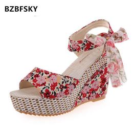 Hot sale-Fashion Ankle Strap Open Toe Sandals Women Sandals Dot Bowknot Design Platform Wedge Female Casual High Increas Shoes Ladies 40