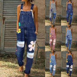 Neue Sommer -Frauen Langzeit -Overalls Mode Blumen bedruckte Jeans Kurzdeler Casual Floral Taschenuit Denim Overalls W7JC#
