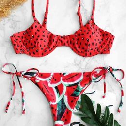 Para Praia Sexy Brazilian Bikini Set Swimwear White Women Swimsuit Bathing Suit watermelon Print Biquini 210630