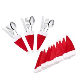 12pcs Mini Christmas Hat Cutlery Bags Bottle Covers Fork Organisers Tableware Holder Silverware Storage for Home