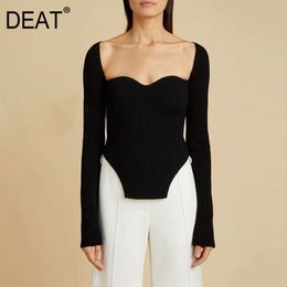 DEAT new spring sexy stylish sqaure collar full sleeves knitting pullover sexy slim T-shirt female top WK08001L 210306
