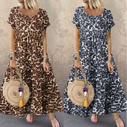 Women's Leopard Print Maxi DrZANZEA 2021 Sexy Summer SundrStylish Long Vesitdos Female Short Sleeve Robe Plus Size 5XL 7 X0529