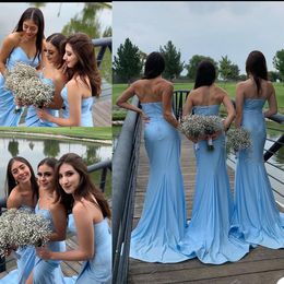 Sky Blue Mermaid Bridesmaid Dresses Sexy Strapless Satin Maid Of Honor Gowns Wedding Evening Party Guests Robes