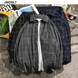 Youth Fashion Autumn Mens Shirts Korea Style Button Down Black Navy Gray Long Sleeve Plaid Shirt 4XL 5XL 210528
