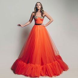Orange Prom Dresses Strapless Neck A Line Ruffled Evening Gowns Floor Length Tulle Custom Made Formal Dress