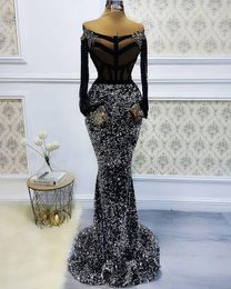 Aso Ebi 2022 Arabic Black Sparkly Mermaid Evening Dresses Beaded Crystals Sequined Formal Prom Party Second Reception Gowns 322