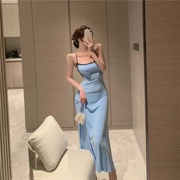 Blue Dress Summer Halter Strap Long Slim Sexy Solid Color Elegant Midi 210604