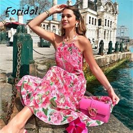 Foridol Sleevelss Halter Maxi Summer Dress for Women Sexy Backless Beach Pink Boho Robe Femme Lace Up Sundress Floral Dress 220311