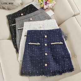 Skirts 2021 Spring Autumn Female High Waist Vintage Womens Korean Black White Blue Grey A-line Tweed Skirt Women Pocket Button