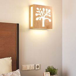 Japanese style solid wood wall lamp square LED suitable for living room bedroom bed bathroom household aisle lamps