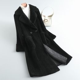 Women's Fur & Faux Winter Women Wool Coat Korean Fashion Button Pocket Granules Sheep Shearing Jacket Ladies Loose Long Overcoat J167