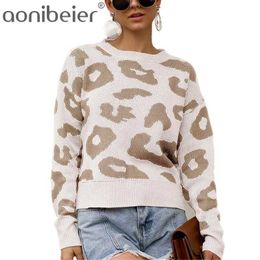 Aonobeier Leopard Print Knit Women Sweaters Autumn Winter Christmas Jumper O Neck Long Sleeve Casual Loose Ladies Pullovers 210604