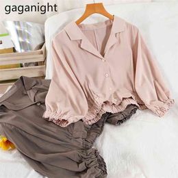 Casual Short Sleeve Women Blouse Fashion Buttons Solid Summer Notched Office Shirt Elegant Female Crop Tops 210601