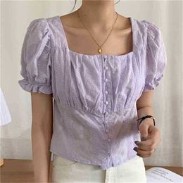 Comfortable Purple Florals Square Collar Chic High Waist Lady Gentle Girls Summer Sweet Pullover Shirts 210525