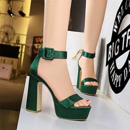 Elegant sandals Women Silk buckle Pumps Super Thick high heels 12cm Women's Banquet sandals waterproof platform open toe sandals Y0721