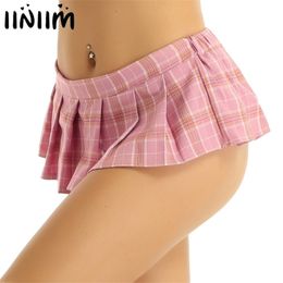 Women Ladies Summer Skirt Scottish Style Mid Waist Elastic Mini Single Layer Plaid Pleated Skirt Cute Sexy Party Cosplay Costume 210303