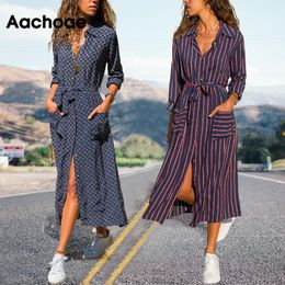 Aachoae New Striped Lady Shirt Dress Long Sleeve Turn Down Collar Casual Dresses Pockets Bandage Elegant Midi Dress Robe 210303
