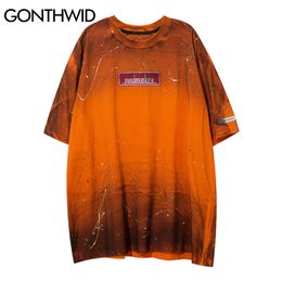 GONTHWID Tie Dye Tshirts Streetwear Hip Hop Graffiti Ink Embroidery Casual Cotton Loose T-Shirts Harajuku Short Sleeve Tees Tops C0315