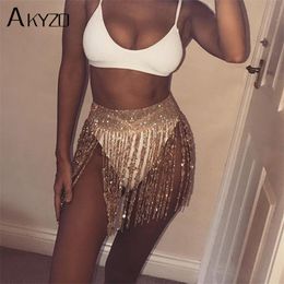 AKYZO Europe Exaggerate Rhinestone Tassel Skirt Women A Line Sexy Metal Handmade Shining NightClub Lady Beach Mini Skirts 210311