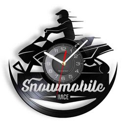 Snowmobile Race Wall Clock Made Of Vinyl LP Record Handicraft Vinyl Disk Crafts Clock Snow Machine Braap Ride Riders Decor Gift H1230