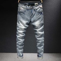 Italian Style Fashion Men Jeans High Quality Retro Grey Blue Elastic Cotton Ripped for Vintage Designer Denim Pants RE8I