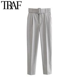 TRAF Women Chic Fashion Office Wear With Belt Pants Vintage High Waist Pockets Female Ankle Trousers Pantalones Mujer 210925