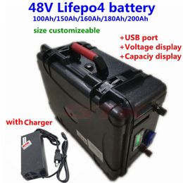 Waterproof LiFepo4 48V 100Ah 150Ah 160Ah 180Ah 200Ah lithium battery with BMS for trolling motor UPS storage system+10A Charger