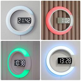 Novelty Lighting 7 Colours Modern LED Digital Watch Alarm Clock Mirror Hollow Wall Clocks Temperature Nightlight For Home Living Room Decorations