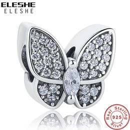 ELESHE Fit Original Pandora Charms Bracelet 925 Sterling Silver CZ Crystal Butterfly Beads DIY Jewellery Making Valentine's Day Q0531