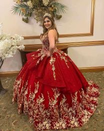 Dark Red Quinceanera Dresses 2021 Spaghetti Straps with Gold Lace Applique Tiered Tulle Skirt Custom Made Sweet 16 Prom Party Ball265S