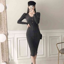 winter knitted Dress Korea Ladies Long Sleeve Warm V neck Midi Office sweater Dresses for women clothing 210602