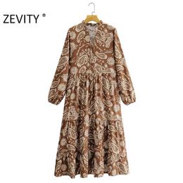 Zevity Autumn Women Vintage Cashew Floral Print Midi Shirt Dress Ladies Chic Bow Long Sleeve Casual Pleat Ruffles Vestido DS4549 210603