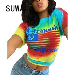 Tie Dye Letter Printed Harajuku Korean Style Women Tops And Blouses Summer Short Sleeve Pullover Classic Streetwear 210525