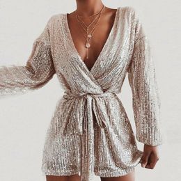 Women Vintage Sashes Gold Sequined Jumpsuit Long Sleeve Sexy V Neck Solid Casual Elegant Romper Autumn New Fashion Playsuit T200527