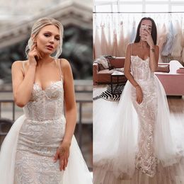 Retro Spaghetti strap Mermaid Wedding Dresses With Detachable Overskirt Full Lace Sweep Train Bridal Gowns Vestido De Novia