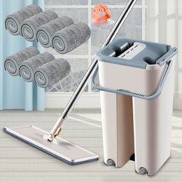 Mop with Bucket Magic Floor Cleaning Mops Microfiber Pads Free Wet Hand Wringing 4PCS /7pcs /10pcs Replacement Mop Cloth 210317