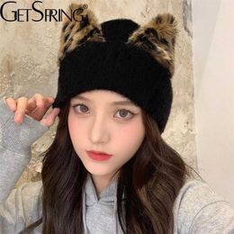 Getspring Women Hat Leopard Knitted Winter Furry Patchwork Hats Pink Black White Fashion Keep Warm For 211229
