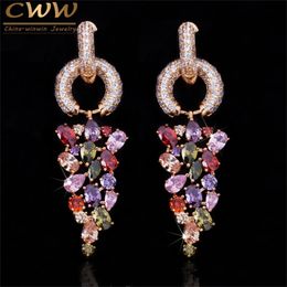 multicolored earrings Canada - Yellow Gold Color Long Dangling Drop Cluster Multicolored Zirconia Stone Women Earrings with Micro Cubic Zircon Paved CZ298 210714