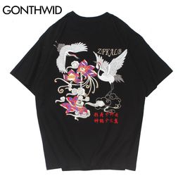 GONTHWID Tshirts Men Hip Hop Streetwear Casual Embroidery Cranes Lotus Flowers Short Sleeve Cotton T-Shirts Harajuku Tees Tops C0315