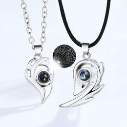 Pendant Necklaces 2pcs Magnetic Heart Couple 100 Languages I Love You Projection Necklace For Women Men Fashion Jewellery