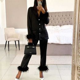 Pyjamas for Women Two-piece Chic Feather Detail Casual Pyjamas Long-sleeved Button Homewear Top and Slim Pants Set 211007