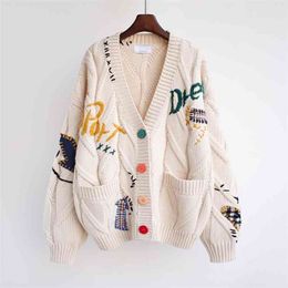 Autumn Winter Women Cardigans Warm Knitted Sweater Jacket Pocket Embroidery Fashion Knit Cardigan Coat Lady Loose Sweaters tops 210806