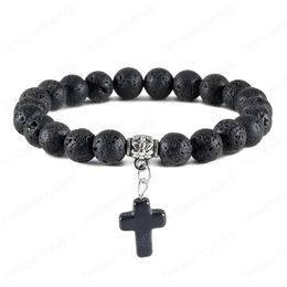 Natural Stone Cross Beaded Bracelets Charm Women Men Black Lava Rock Bead Onyx Stretch Strand Bracelet & Bangle Prayer Jewellery