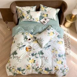 Svetanya Yellow Lemons Leaves Nordic Egyptian Cotton Bedding Set Print Flat Fitted Sheet Pillowcase Duvet Cover Sets Bed Linens C0223