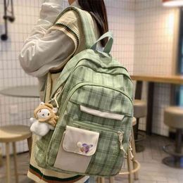 DCIMOR Large Capacity Multi-pocket Cotton and Linen Women Backpack Preppy Style Plaid Schoolbag College Student Laptop Backpack 210922